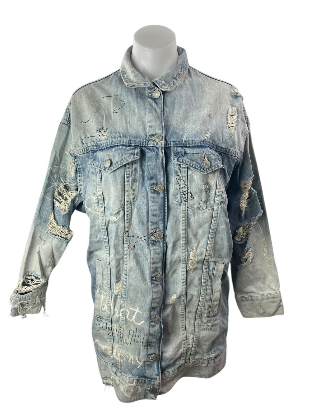 Zara Women's Blue Oversized  Distressed Graffiti Long Sleeve Denim Jean Jacket S